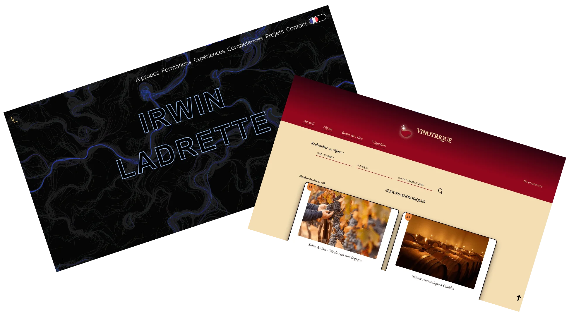 View of two website interfaces with modern and dark design. The first screen shows the title 'Behind the Code' with a rocket and dark background, explaining the origin of a community software project. The second screen presents a platform for finding speakers, with an attractive design, expert photos, and a prominent search button.